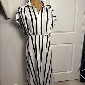 Black & White Striped V-Neck Midi Dress